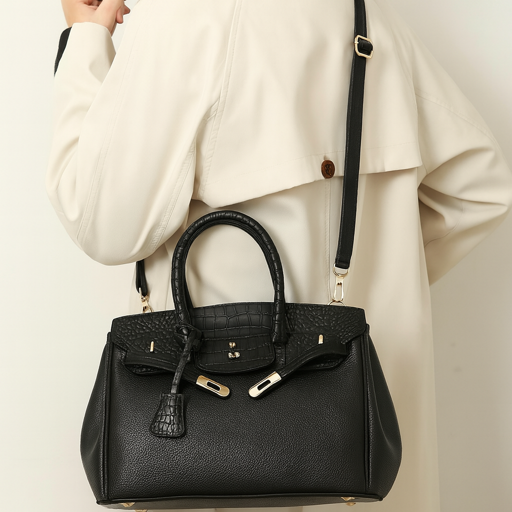 Ensemble 3 pièces : sac cabas, pochette et bandoulière effet croco