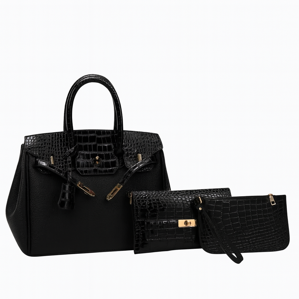 Ensemble 3 pièces : sac cabas, pochette et bandoulière effet croco