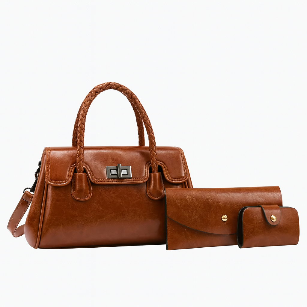 Ensemble 3 pièces : sac à main, pochette & porte-cartes avec bandoulière