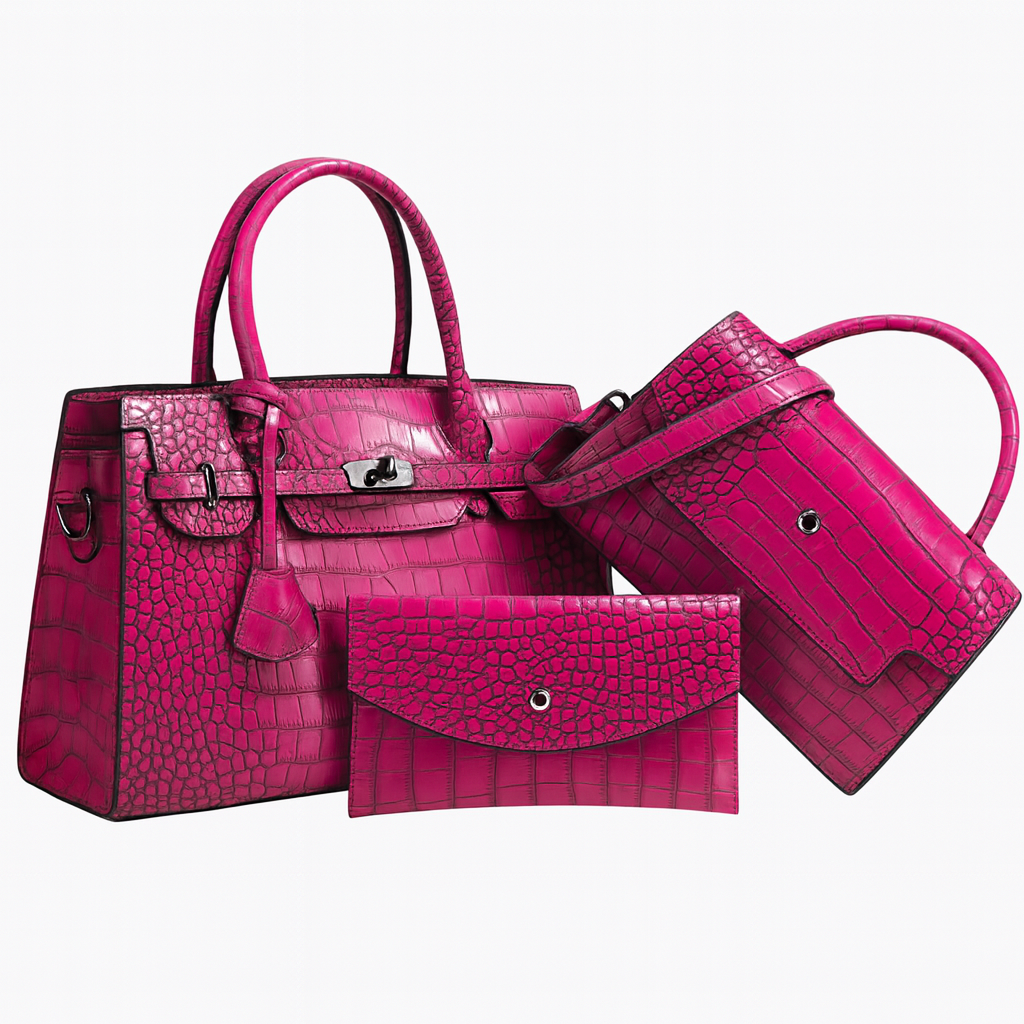 Ensemble 3 pièces : sac à main, pochette & bandoulière effet croco