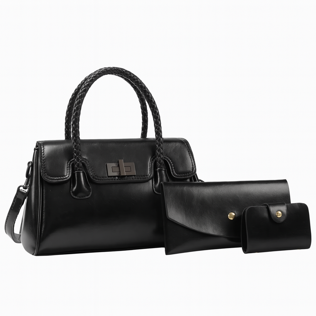 Ensemble 3 pièces : sac à main, pochette & porte-cartes avec bandoulière