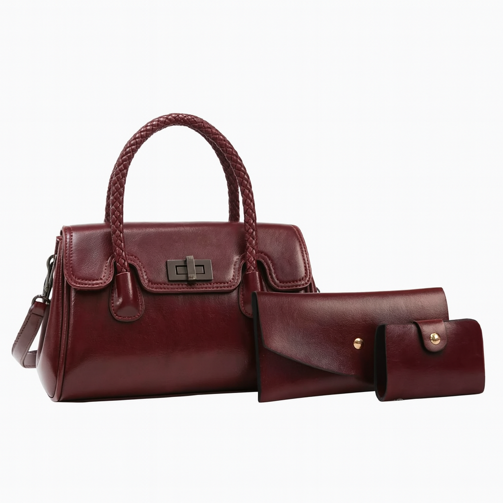 Ensemble 3 pièces : sac à main, pochette & porte-cartes avec bandoulière