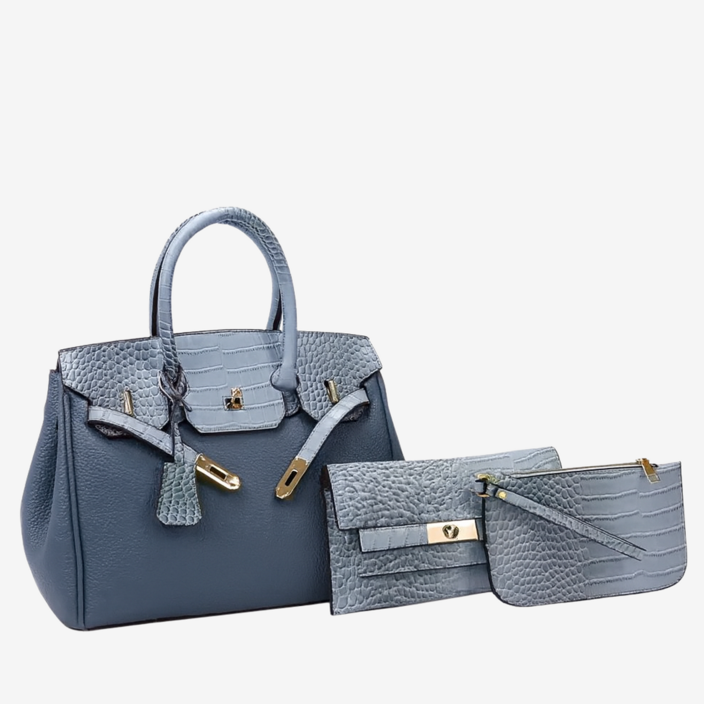 Ensemble 3 pièces : sac cabas, pochette et bandoulière effet croco