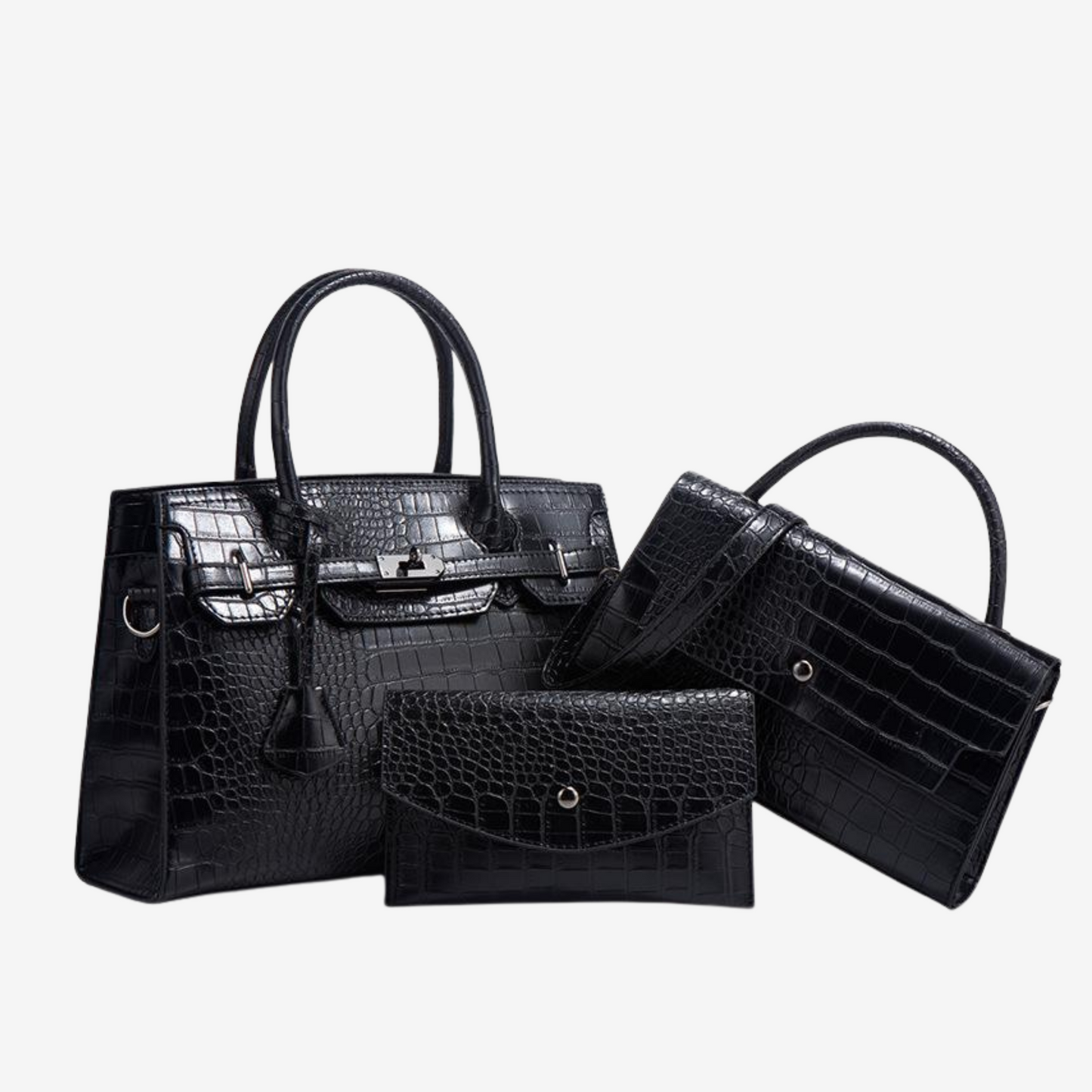 Ensemble 3 pièces : sac à main, pochette & bandoulière effet croco