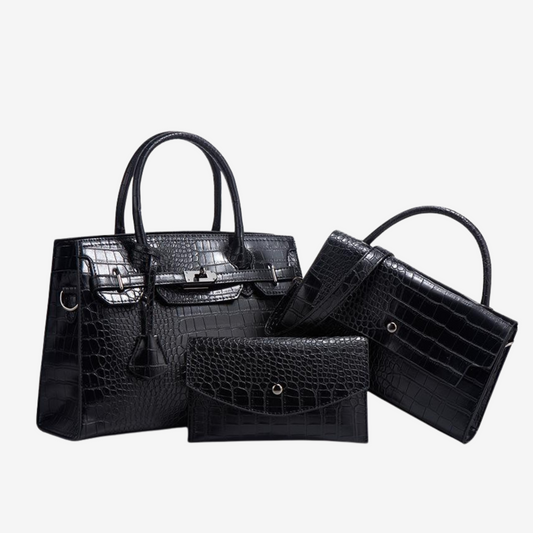 Ensemble 3 pièces : sac à main, pochette & bandoulière effet croco