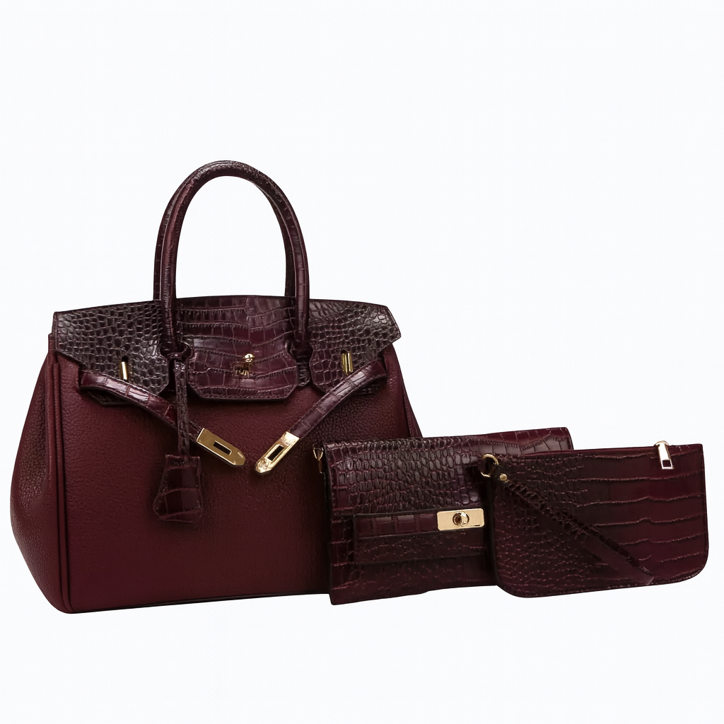 Ensemble 3 pièces : sac cabas, pochette et bandoulière effet croco