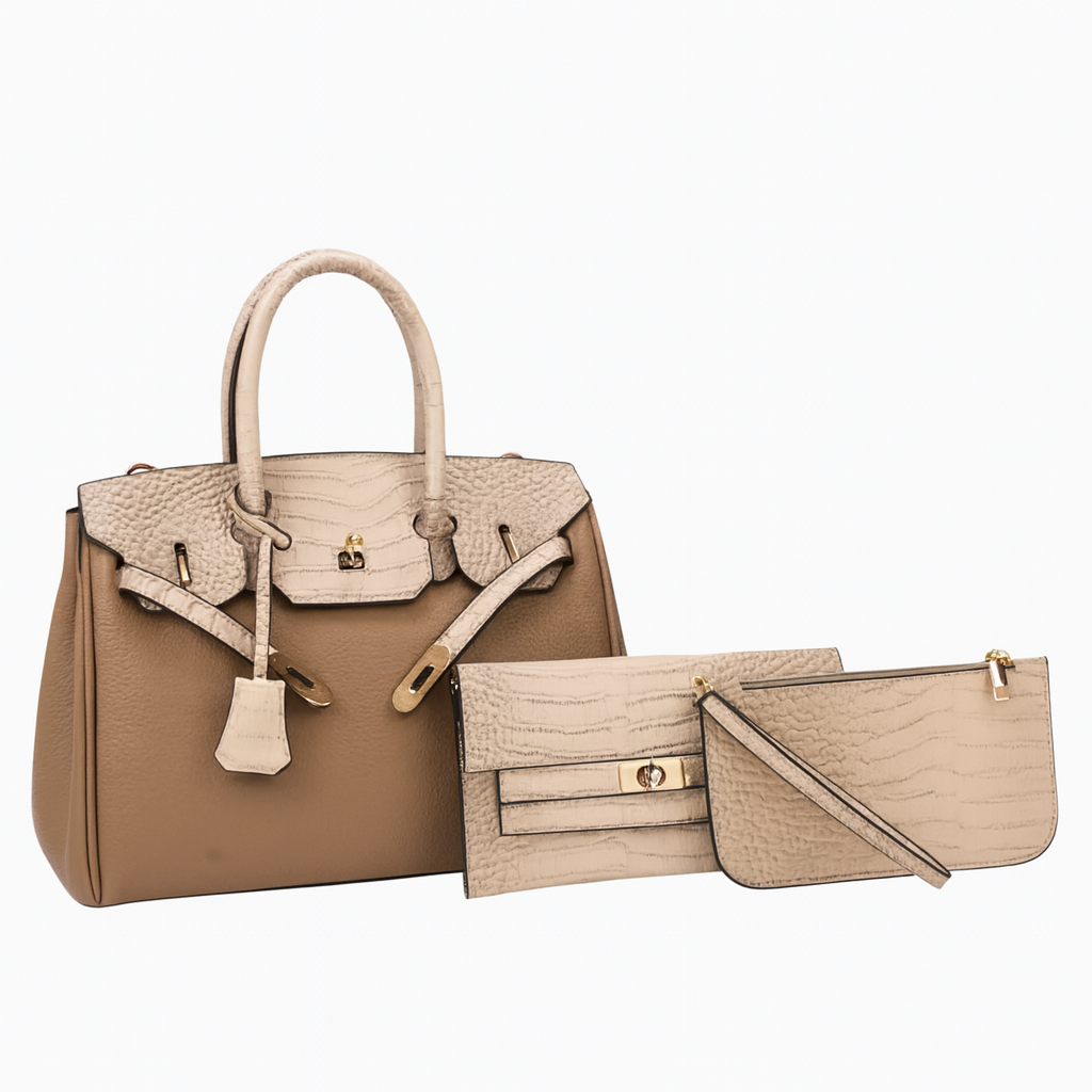 Ensemble 3 pièces : sac cabas, pochette et bandoulière effet croco