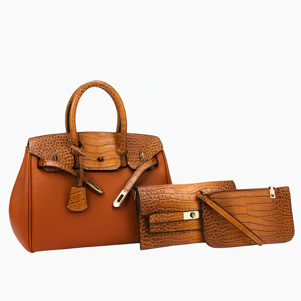 Ensemble 3 pièces : sac cabas, pochette et bandoulière effet croco