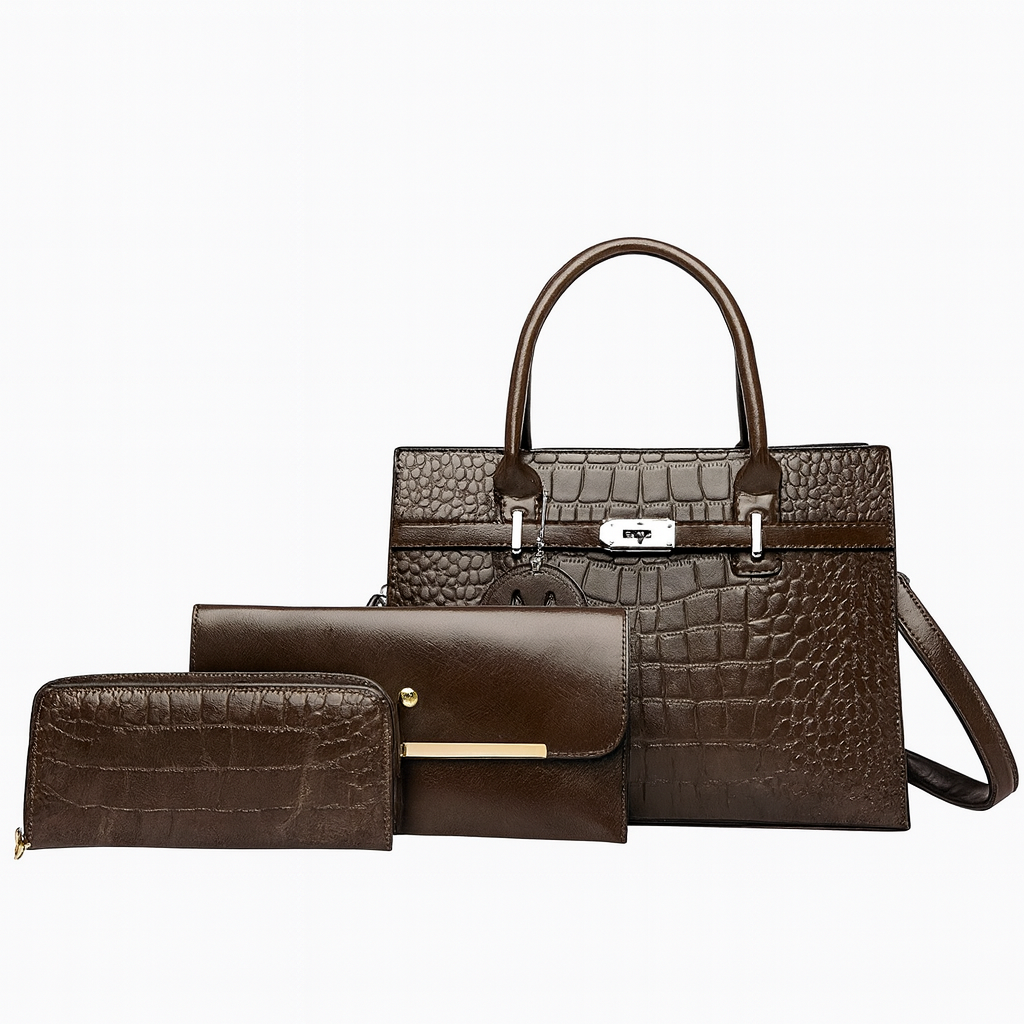 Ensemble 3 pièces : cabas croco, bandoulière & pochette