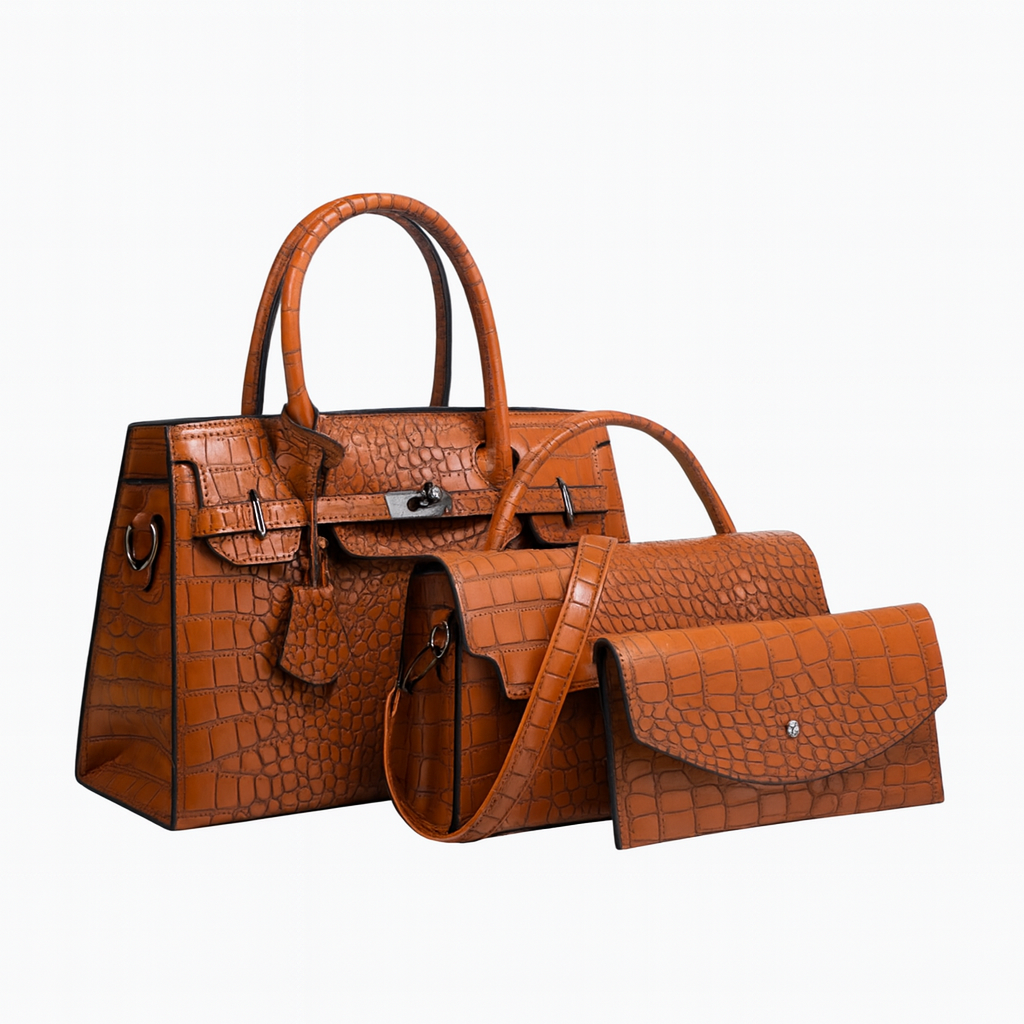 Ensemble 3 pièces : sac à main, pochette & bandoulière effet croco